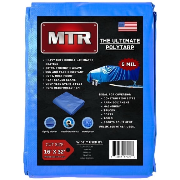 MTR 5 Mil Ultimate Poly Tarp 16ft X 32ft Blue Tarp Heavy Duty Tarp Water Proof