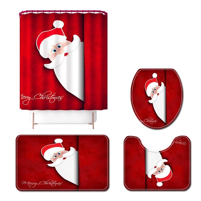 PATIO 4 Pieces Set 3D Digital Printing High-Density Merry Christmas Theme Pattern Shower Curtain Set Bathroom Floor Mat Base Mat Toilet Mat Home Holiday Decoration Bathroom Accessories Ch