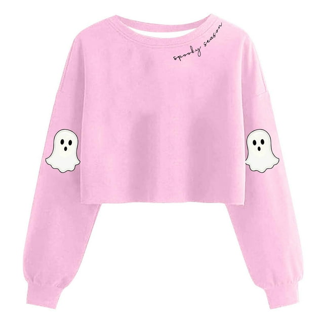 Lcziwo Chandail Court d'Halloween pour Femmes, Hauts Graphiques de Fantôme Mignon, Chandail à Manches Longues Lanterne à Col Rond, Saison Effrayante, Mode d'Automne, Chandail Rose, TG