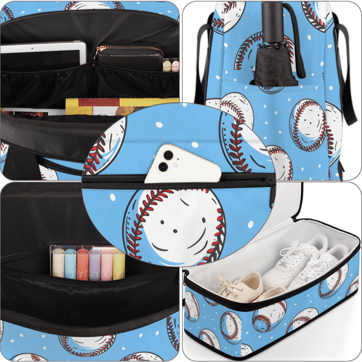Herdesigns Baseball Sports Travel Duffel Bag with Shoe Compartment Cool Ball Large Foldable Waterproof Weekend Overnight Bag for Beach Swim Pool Bags Sports Gym