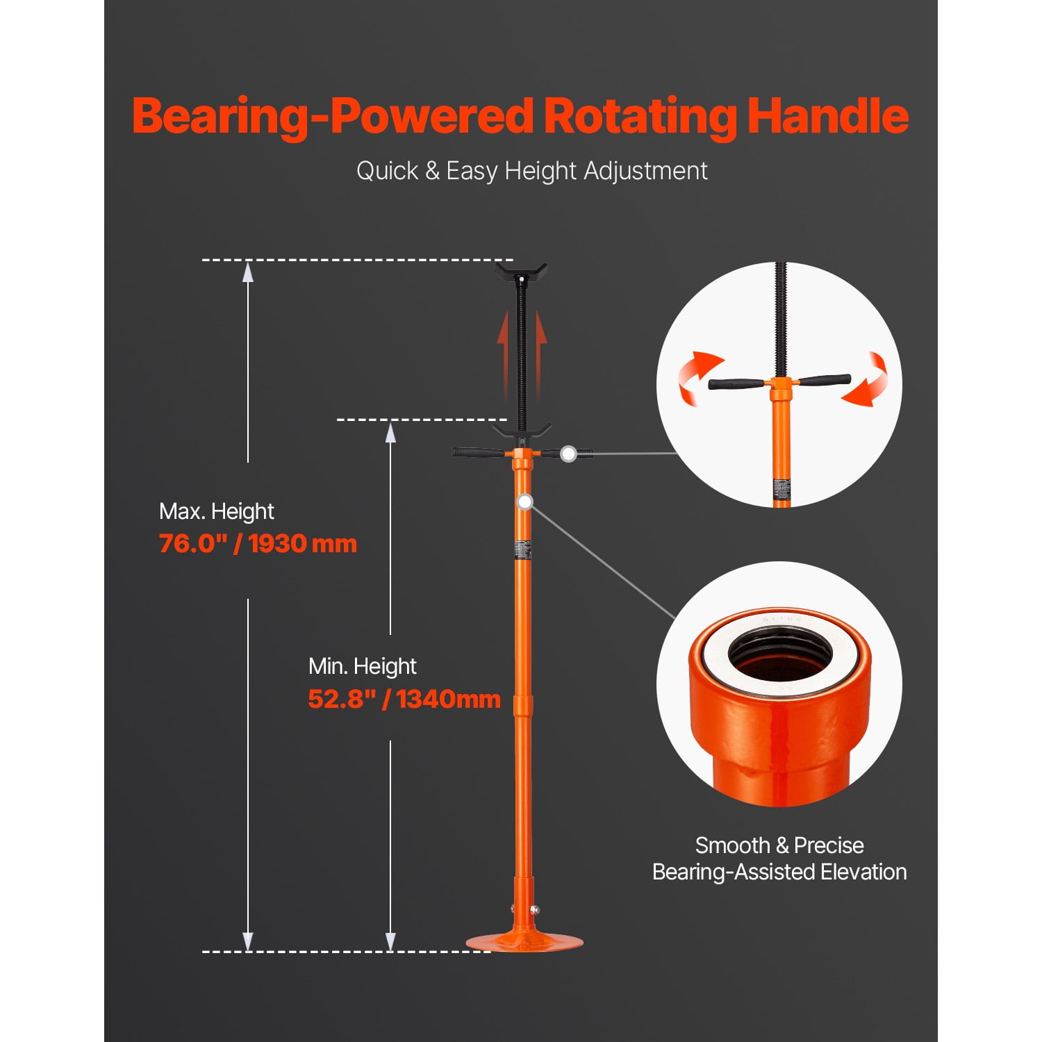KFFKFF Support Stand for Underhoist, Capable of Holding 3/4 Ton, Adjustable Height from 52.8 to 76 inches, Equipped with Self-Locking Threaded Screw, Comes with Bearing Mounted Spin Handle Pole Jack