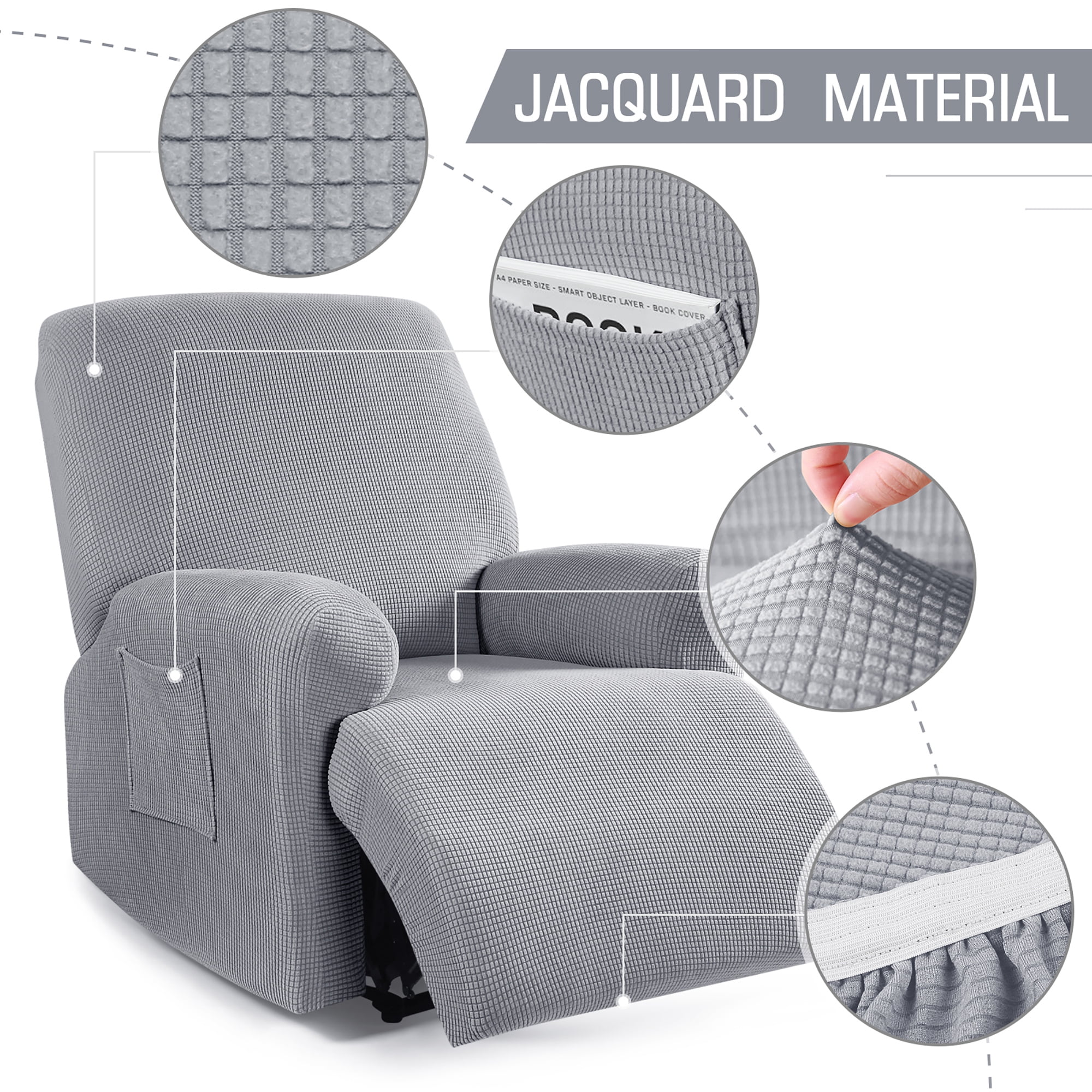 TAOCOCO 4 Pieces Stretch Recliner Slipcover, Jacquard Recliner Chair Cover Furniture Protector for Pet, Kids Dusty Gray