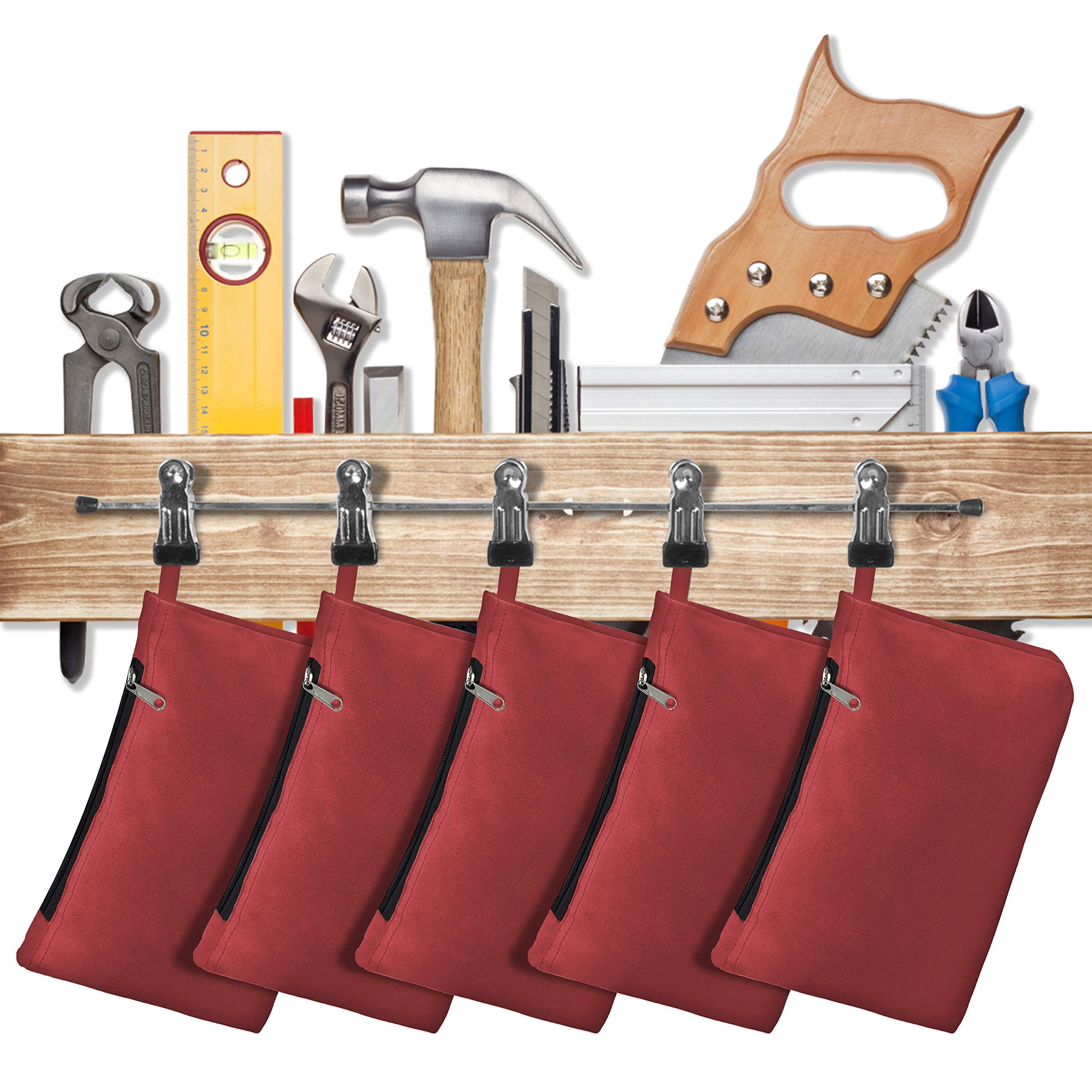 COVERS&ALL Tool Bag, 18 Oz Heavy Duty Waterproof Pouch with Sturdy Zipper, Utility Multipurpose for Tools Storage Makeup (Pack of 5, Red)