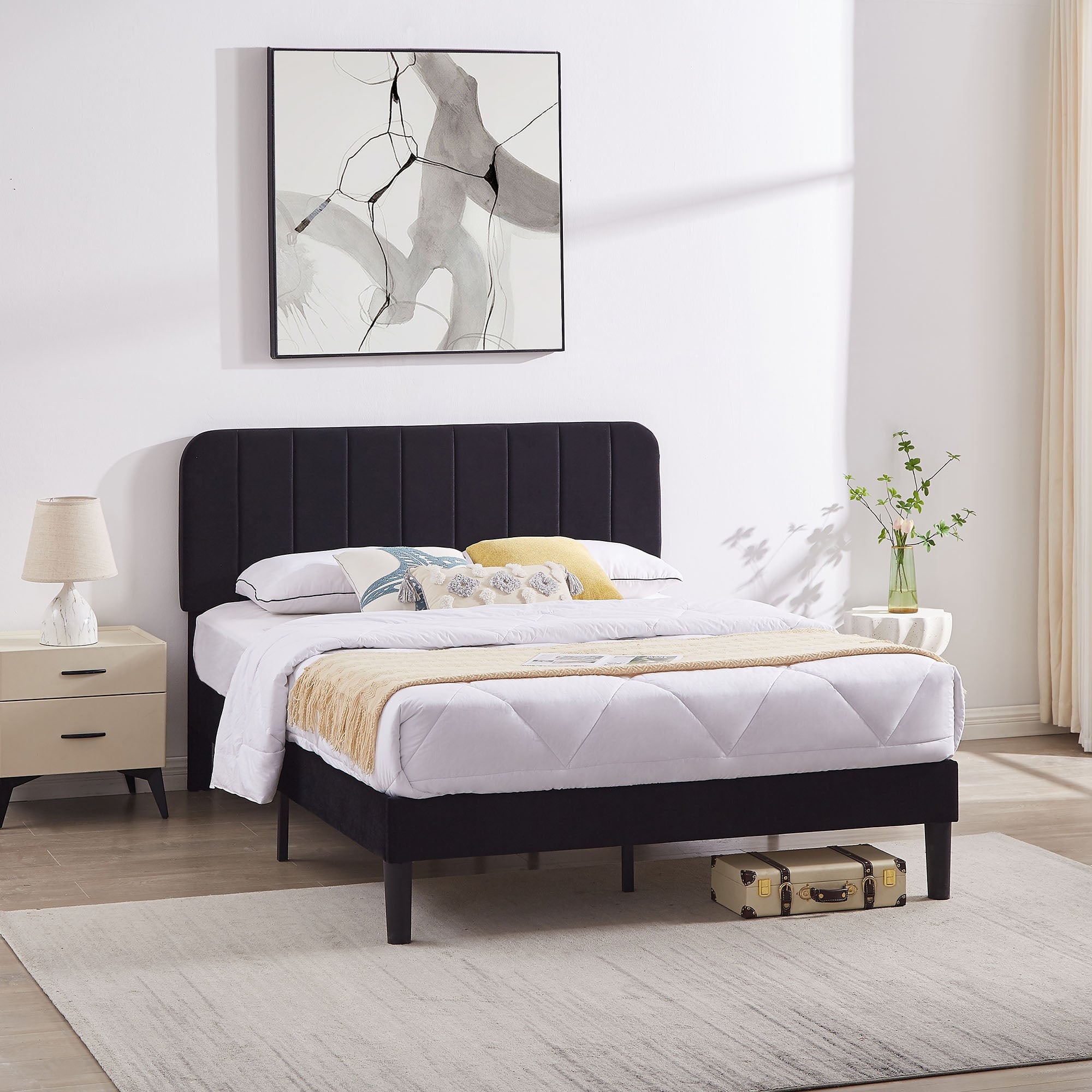 VECELO Queen Size Bed Frame, Modern Upholstered Platform Bed Frame with Adjustable Headboard, Wooden Slats Support/No Box Spring Needed, Black