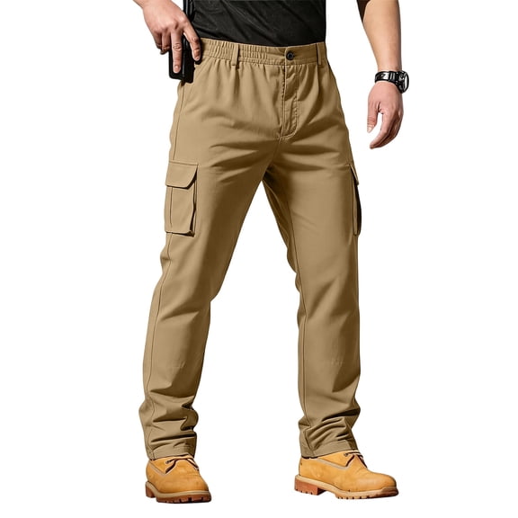 CIENVNSTG Lightweight Breathable Solid Multi‑Pocket Cargo Pants Mens Elastic Waist Straight Leg Casual Outdoor Work Daily And Vacation Wear Trousers Khaki 4XL