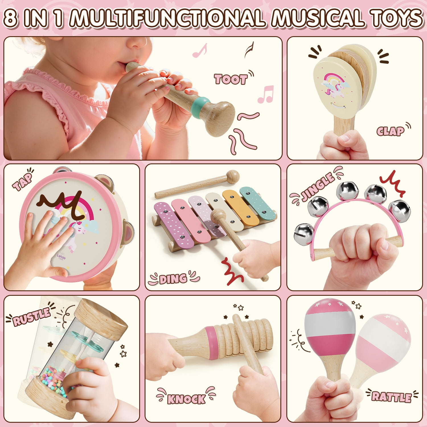 Montessori Toys for 1 Year Old, Musical Instruments for Kid, Unicorn Baby Music Toys Xylophone for 12-18 Mouth, Educational Learning Gifts for Toddlers 1 2 3 Year Old Preschool Girls with Storage Bag