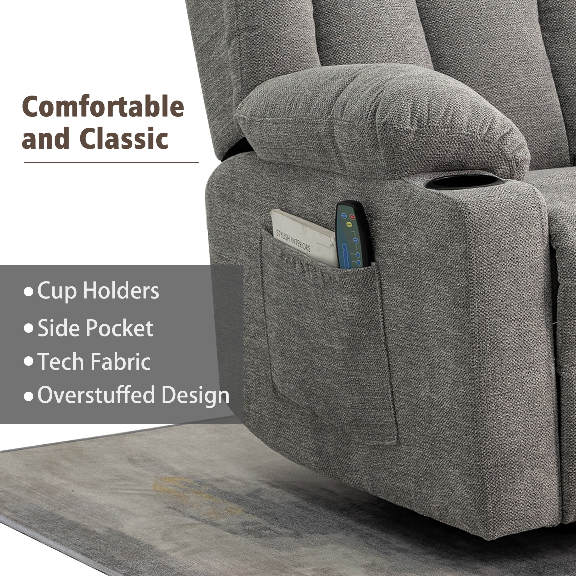 Sfxingyou Adult Fabric Solid Print Recliner Chair with Massage and Heat, Gray