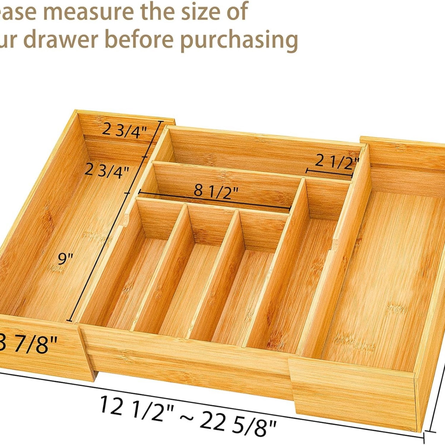 3.9inch Tall Bamboo Drawer Organizer, Expandable Utensil Holder with 8 Compartments, Adjustable Kitchen Drawer Divider for Flatware, Silverware and Gadgets, Deep Storage for Home and Office