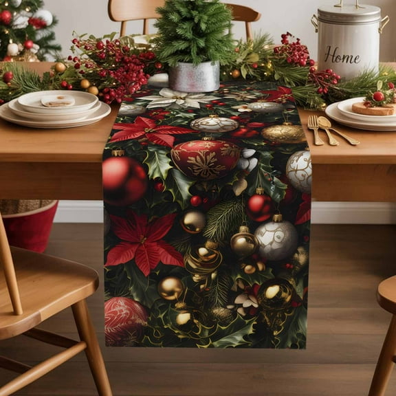 Burlap Table Runner 36 Inches Long,Christmas Winter Poinsettia Holly on Vintage Non-Slip Kitchen Table Runners for Dining Room Everyday Use Party Table Decorations Xmas Balls