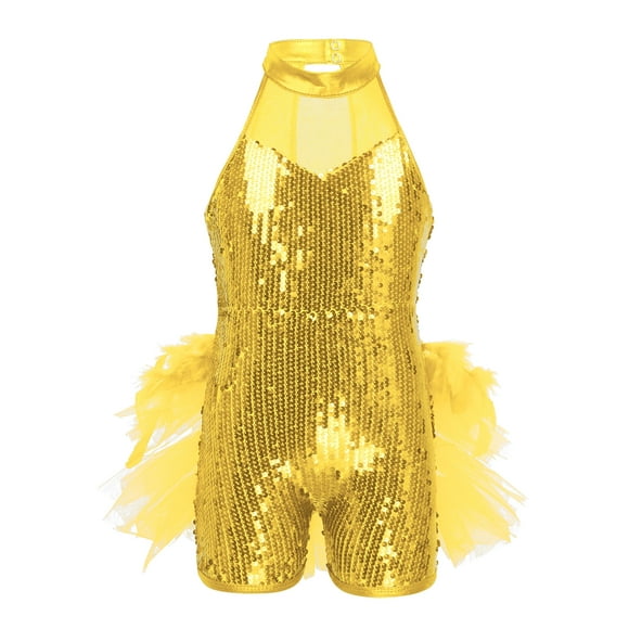 MSemis Kids Girls Shiny Sequins Ballet Dance Leotard Tutu Dress Modern Dance Jazz Latin Performance Costume Yellow 7