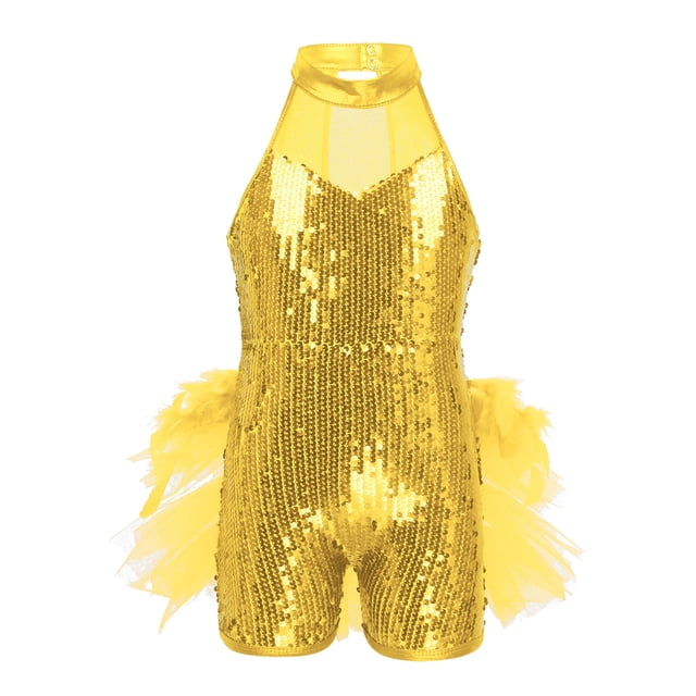 vastwit Robe de Danse Latine Jazz à Paillettes pour Filles, Justaucorps, Costume de Performance, Jaune 10