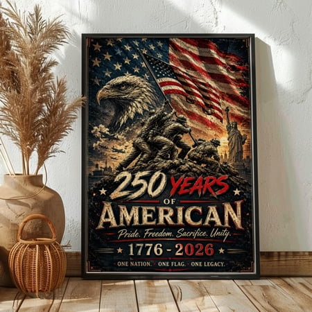 Affixzi America 250 Military Tribute Poster Vintage Patriotic USA Soldiers Art 1776-2026 Semiquincentennial Wall Decor Unframed Paper Poster 24x36in