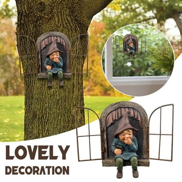 Mischievous garden gnome voyeur funny garden tree decoration, Clearance