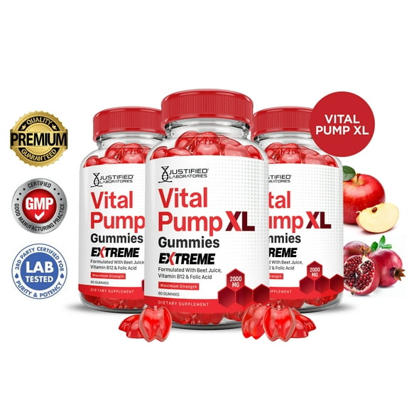 (3 Pack) Vital Pump XL Extreme 2000MG Performance Gummies Vital PumpXLAdvanced Formula Formulated with Beet Juice ACV Pomegranate Powder B12 Vegan Non GMO 180 Gummys