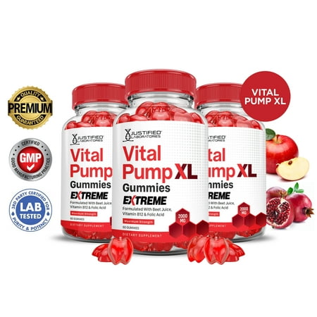 (3 Pack) Vital Pump XL Extreme 2000MG Performance Gummies Vital PumpXLAdvanced Formula Formulated with Beet Juice ACV Pomegranate Powder B12 Vegan Non GMO 180 Gummys