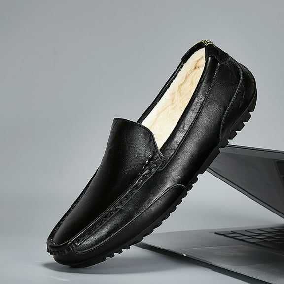 Winter Men's Casual Loafers Slip On Outdoor Fuzzy Furry Loafers Leather Warm Comfortable Shoes Male Driving Shoes Moccasins Classic Penny Loafer Flats Boat Shoes