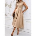 thumbnail image 3 of Khaki Solid Minimalist Stand Collar Sleeveless A-Line Midi Dress For Women, 3 of 7