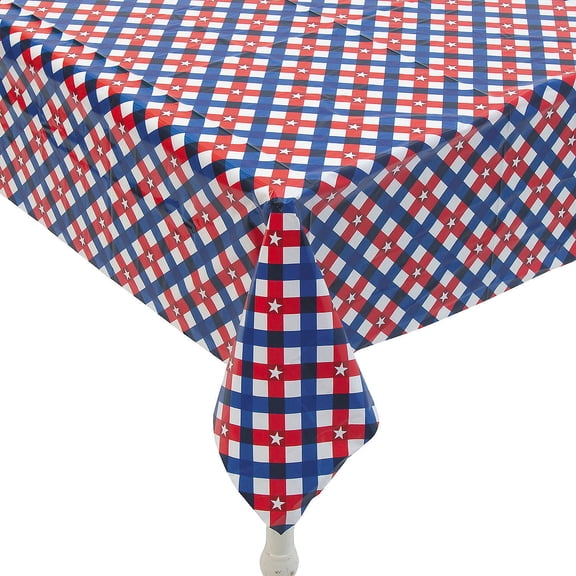 54" x 108" Patriotic Gingham Rectangle Disposable Plastic Tablecloth