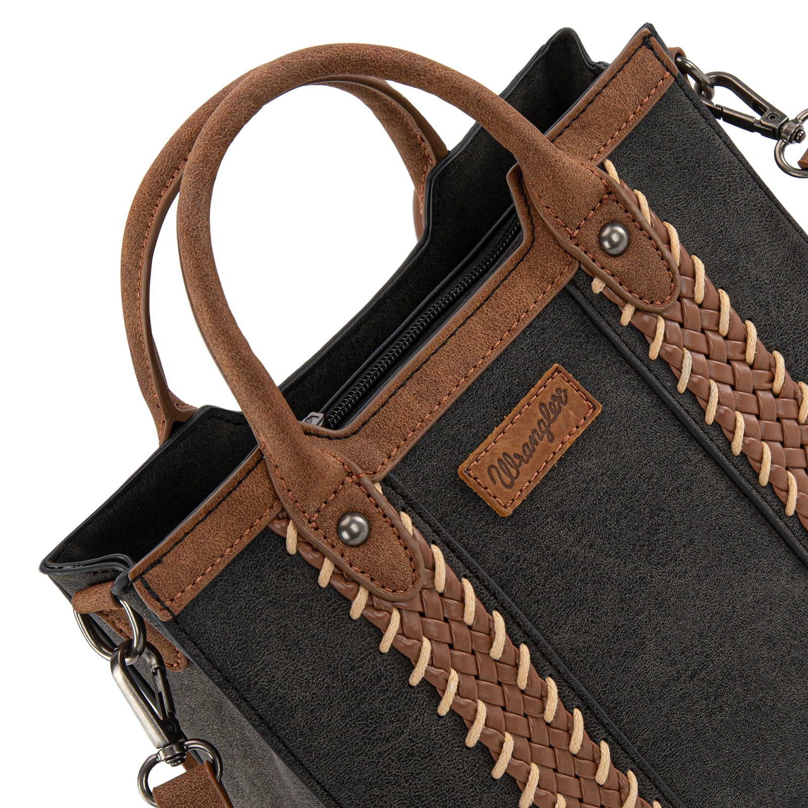 Wrangler Womens Braided Tote Bag Western Style Suede Top Handle Handbag With Detachable Crossbody Strap, Black