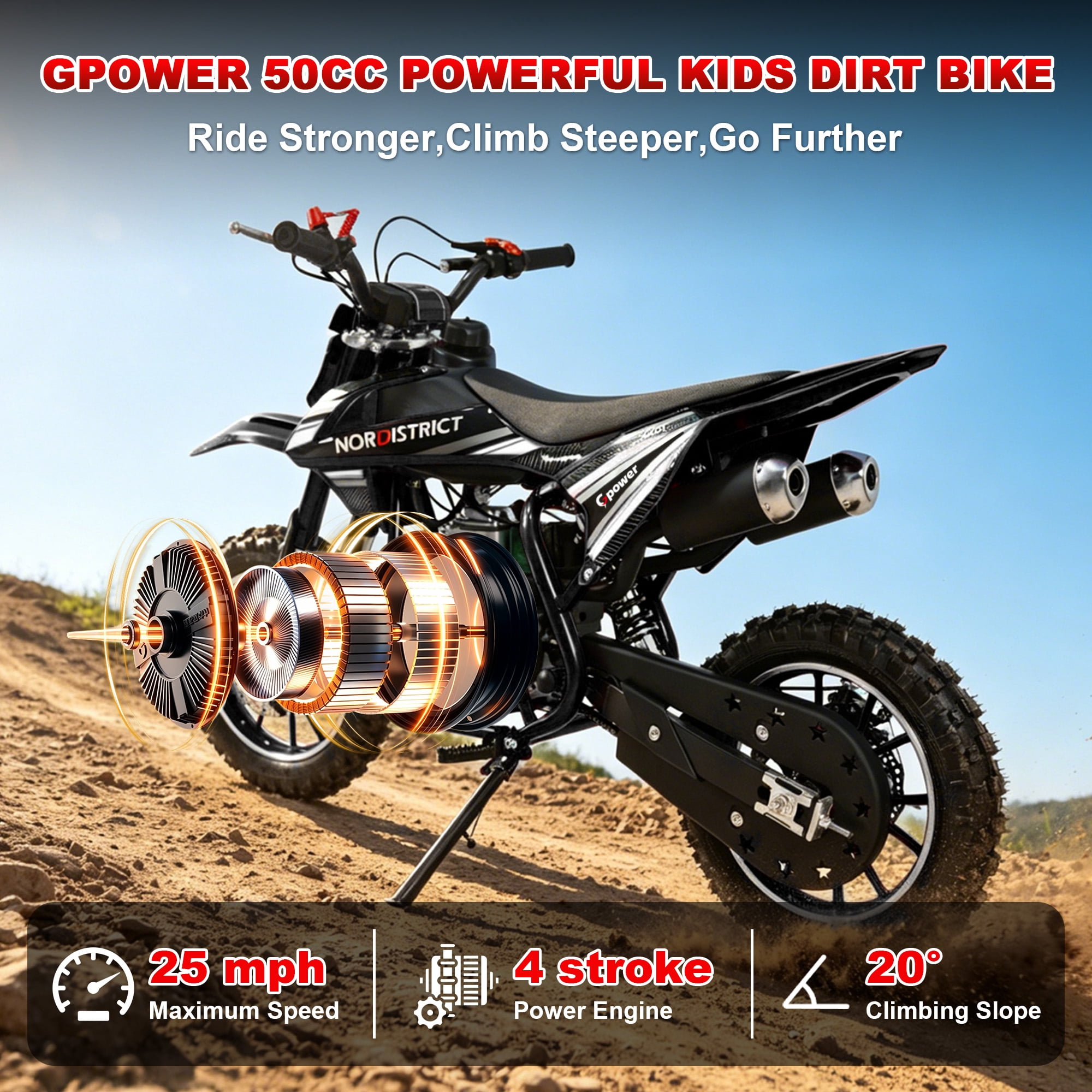Gpower 50cc 4-Stroke Dirt Bike for Kids 8-14, Gas Power Mini Dirt Bike,1-Seater,Black