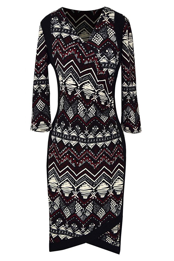 3/4 Sleeves Chic Printed Work Business Party Sheath Slimming Dress Tribal Burgundy Black XL