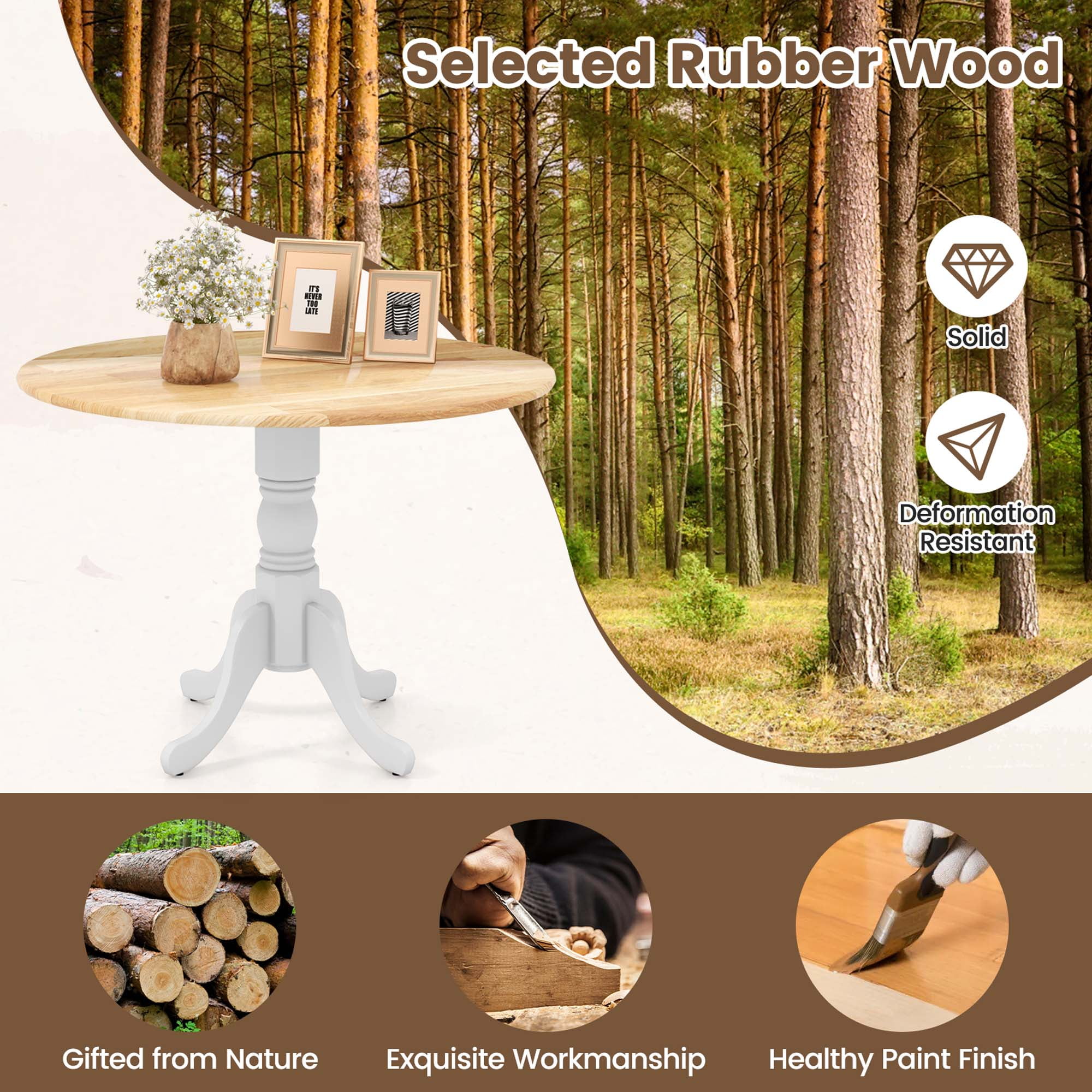 Costway 4-Person Dining Table Wooden Kitchen Table with Solid Rubber Wood Frame for Kitchen White&Natural