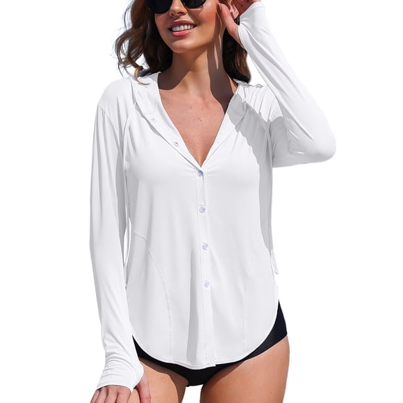 Charmo Women's Hooded Long Sleeve Rash Guard UPF 50+ Zipper Swimwear Shirts with Pockets