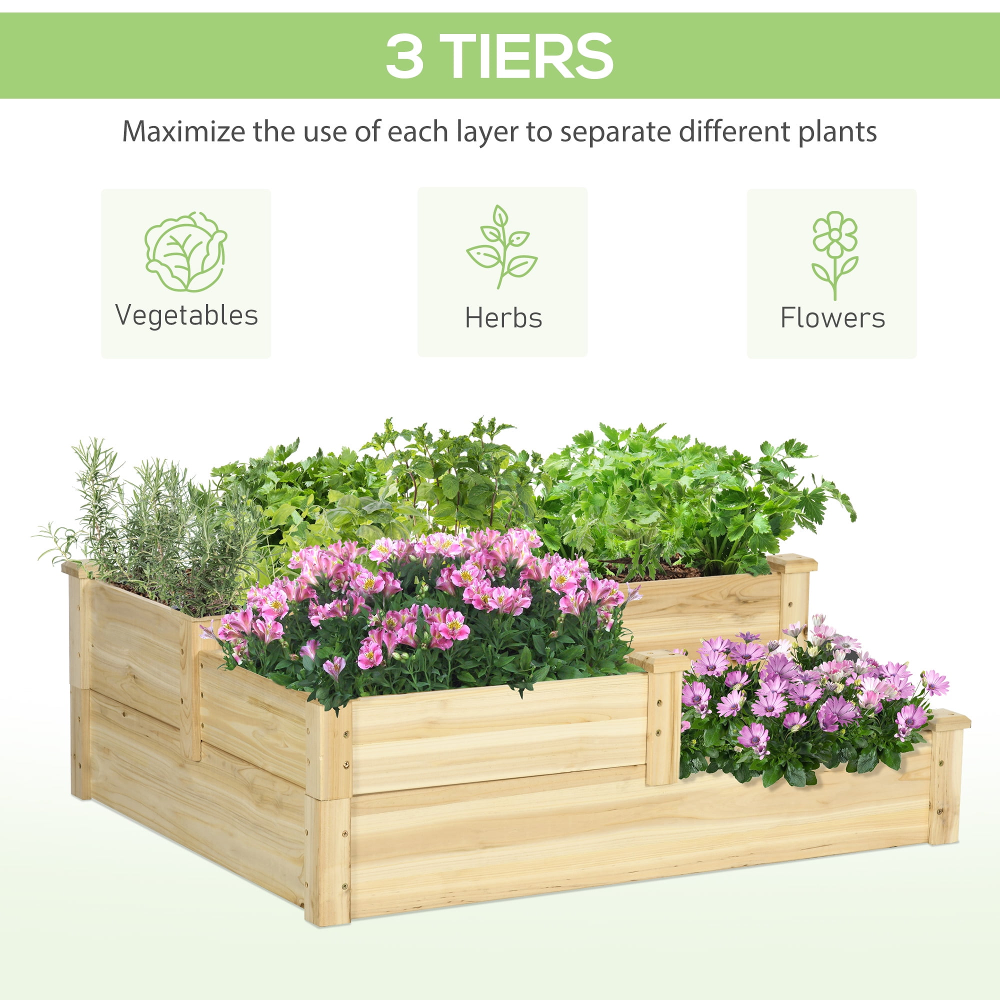 AsterOutdoor 3-Tier Raised Garden Bed Wooden Outdoor Planter Box 42.5"x34.75"x14.25" – Open Bottom for Growing Vegetables, Herbs, Flowers