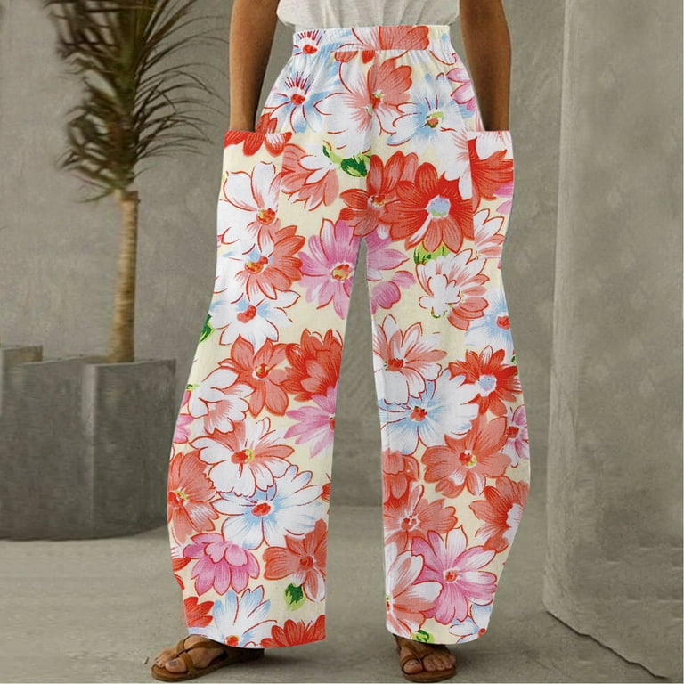 ZQGJB Womens Cute Floral Print Elastic High Waist Wide Leg Pants Trendy  Lightweight Comfy Cotton Trousers Loose Baggy Leisure Pants with Pockets