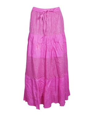 Mogul Women Pink Cotton Long Skirt Printed Handmade Summer Skirts S/M