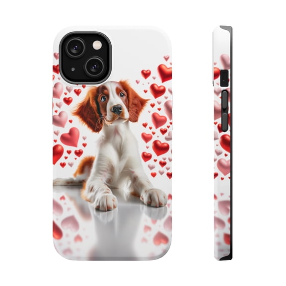 DistinctInk Tough Case for Apple iPhone 13 MINI (5.4" Screen), Compatible with MagSafe Charging - Valentine's Day Irish Red and White Setter Puppy