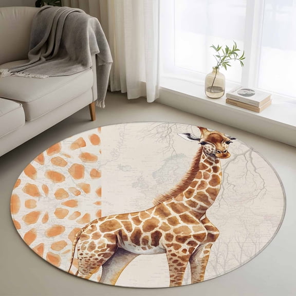 Round Rugs 4Ft, Vintage Giraffe Round Area Rug Washable Indoor Throw Carpet, Modern Art Animal Watercolor Soft Non Slip Circle Rug for Kitchen Nursery Room Home Decor Aesthetic