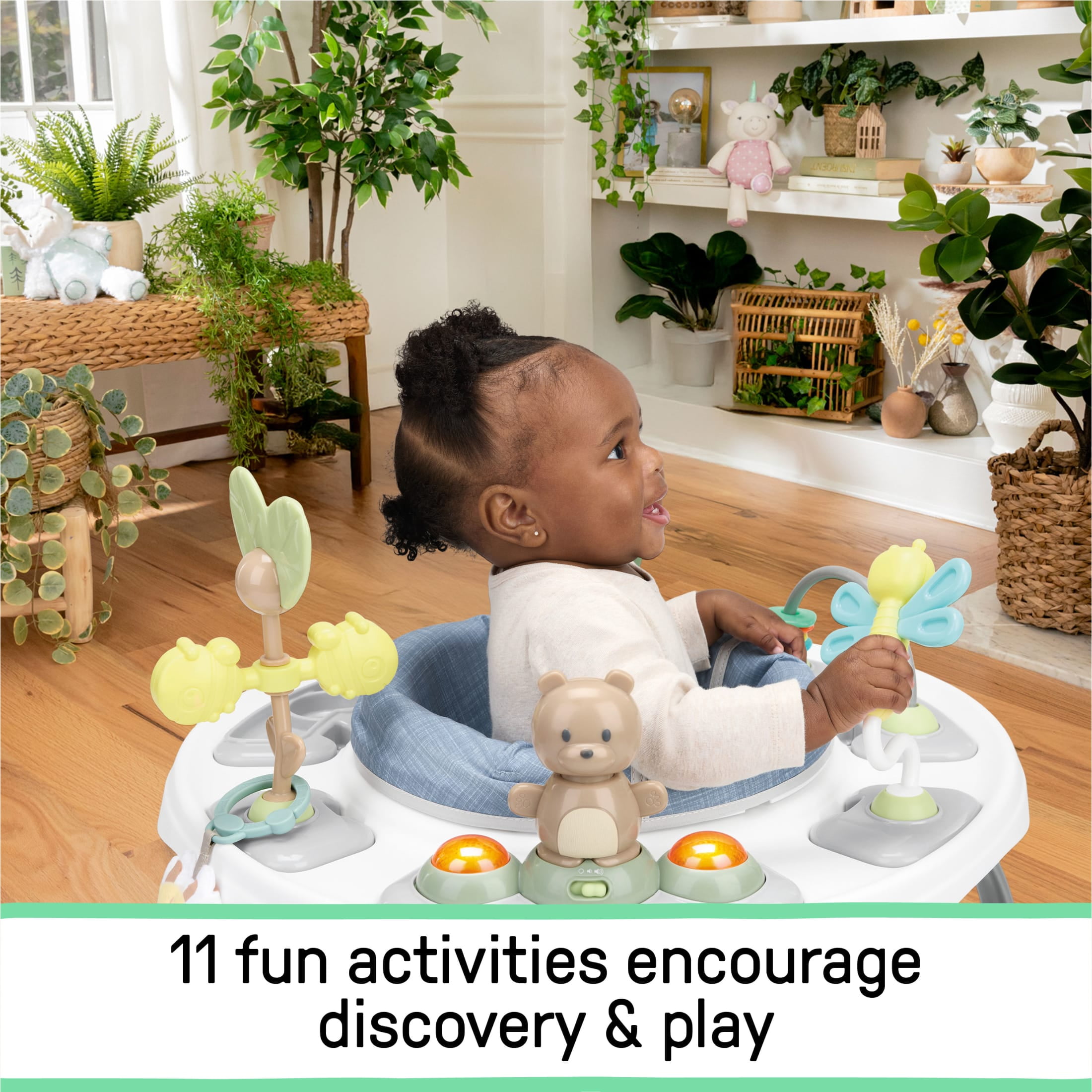 Ingenuity Bounce to Bloom 2-in-1 Activity Jumper & Table, Chambray, Ages 6–24 Months
