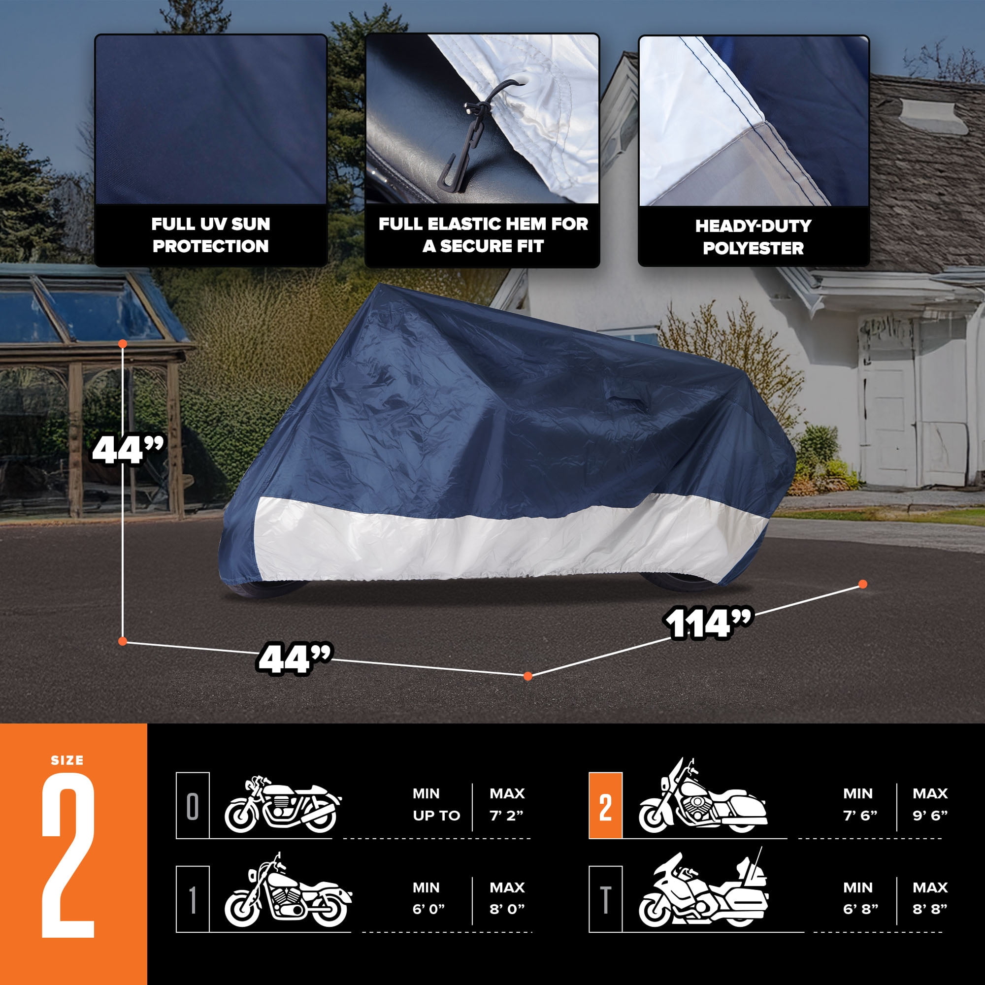 (3 pack) Budge Standard UV & Water Resistant Motorcycle Cover, Size 2, Blue & Silver