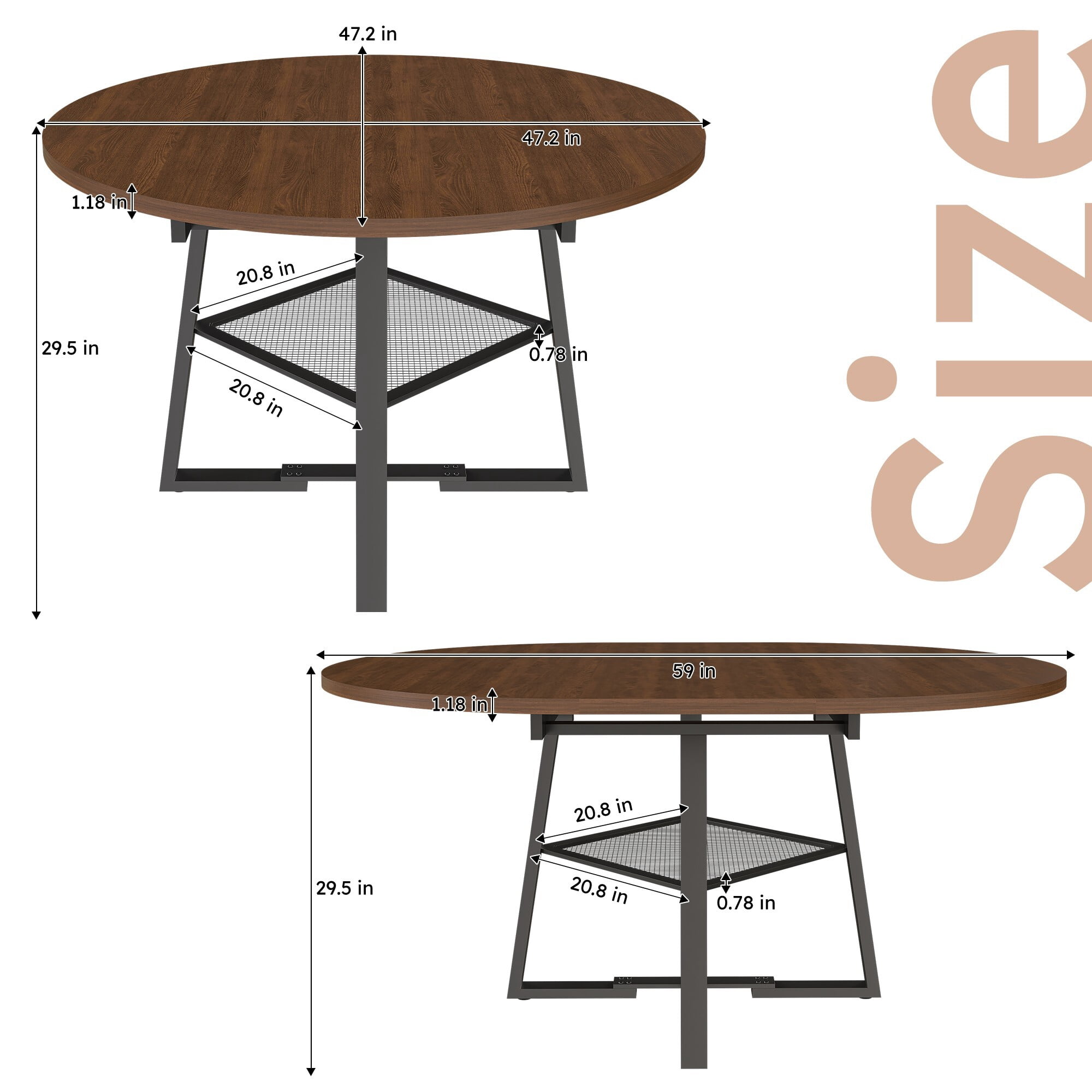 AENKYO 47-59" Extendable Round Dining Table for 4-8 People, Kitchen Table with Metal Storage Shelf, Walnut