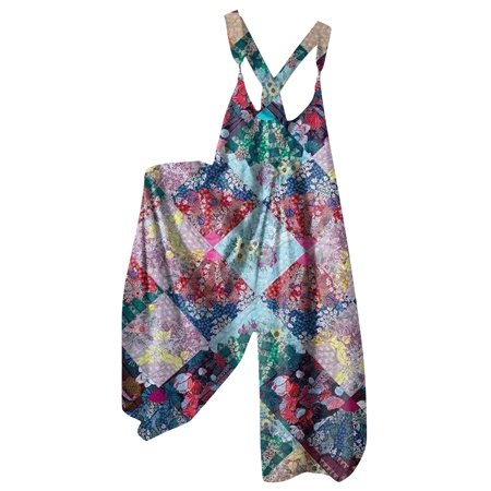 

OGLCCG Women s Baggy Wide Leg Jumpsuits Summer Floral Print Suspender Overalls Casual Loose One Piece Baggy Rompers