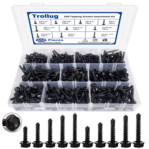 Tornillos autorroscantes Trollug 410 de acero inoxidable, 450 piezas