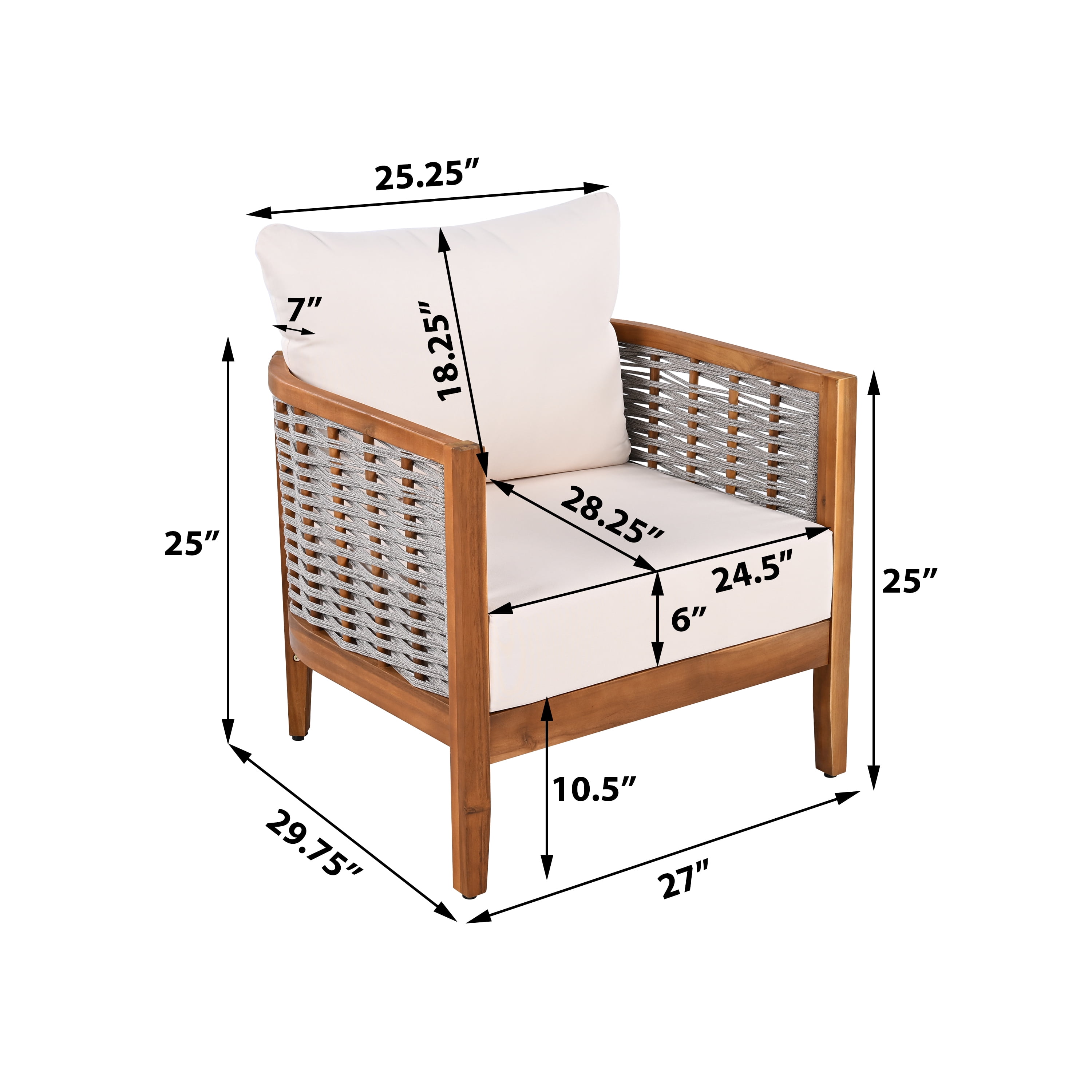 Outdoor Unique Tub Design Armchair with Woven Rope Patio Furniture Acacia Wood Chair for Porch, Teak and Beige