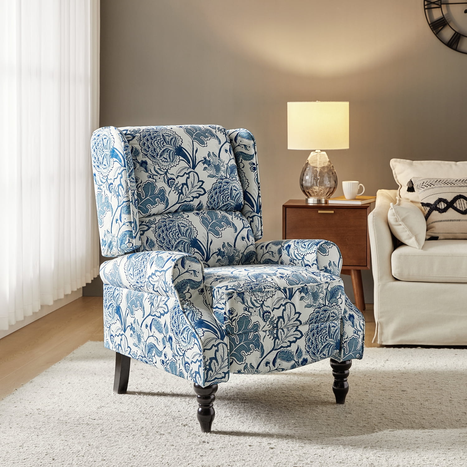 Tina's Home Vintage Floral Wingback Manual Push Back Recliner Chair for Living Room Home Theater GREENGUARD Certified Blue