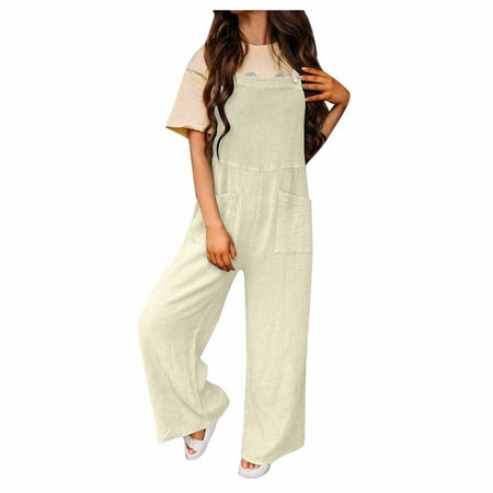 onlyliua Overall Jumpsuit for Women, Wide Leg Pants for Women Loose Fit Summer Cotton Linen Spaghtti Straps Jumpsuit with Pockets Deal Of The Day Prime Today Best Deal #2