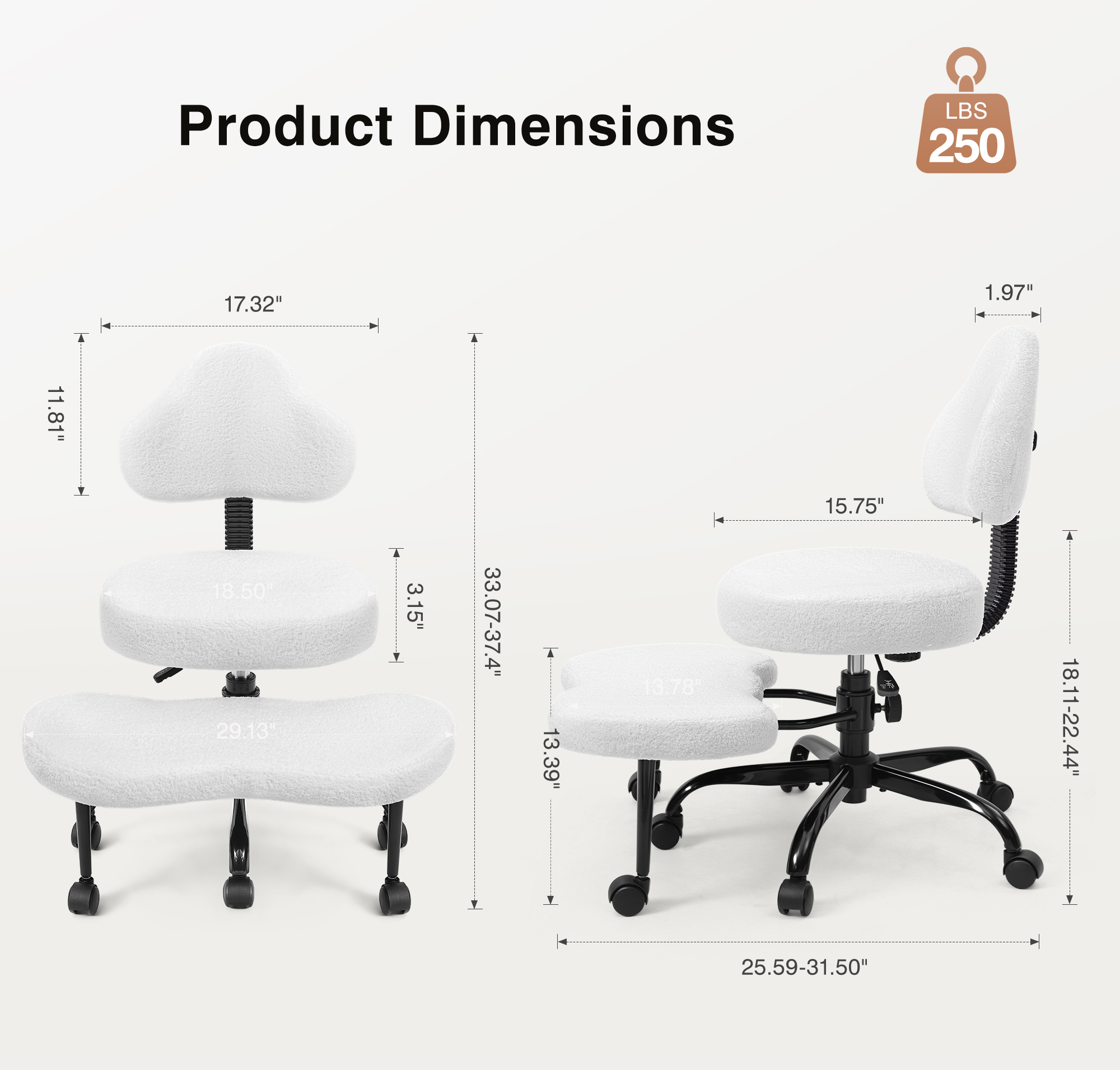 Primy Cross Legged Swivel Chair, ADHD Meditation Yoga Chair, Ergonomic Kneeling Chair for Adults with Wide Seat, 360° Swivel Retractable Footrest, Adjustable Height and Teddy Fabric, White