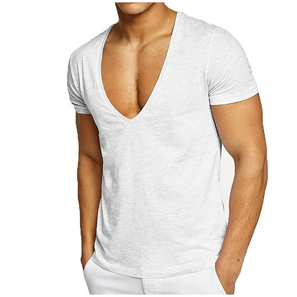 Hombres Cuello en V Camisetas de Verano Fitness Deportes Ocio Sweatwicking, Camiseta de Color Sólido para Hombres