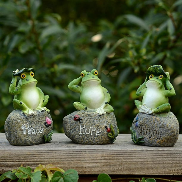 Resin Frog Garden Statues3 Pack 5 Inch Frogs Sitting on Stone Sculptures Outdoor Decor Fairy