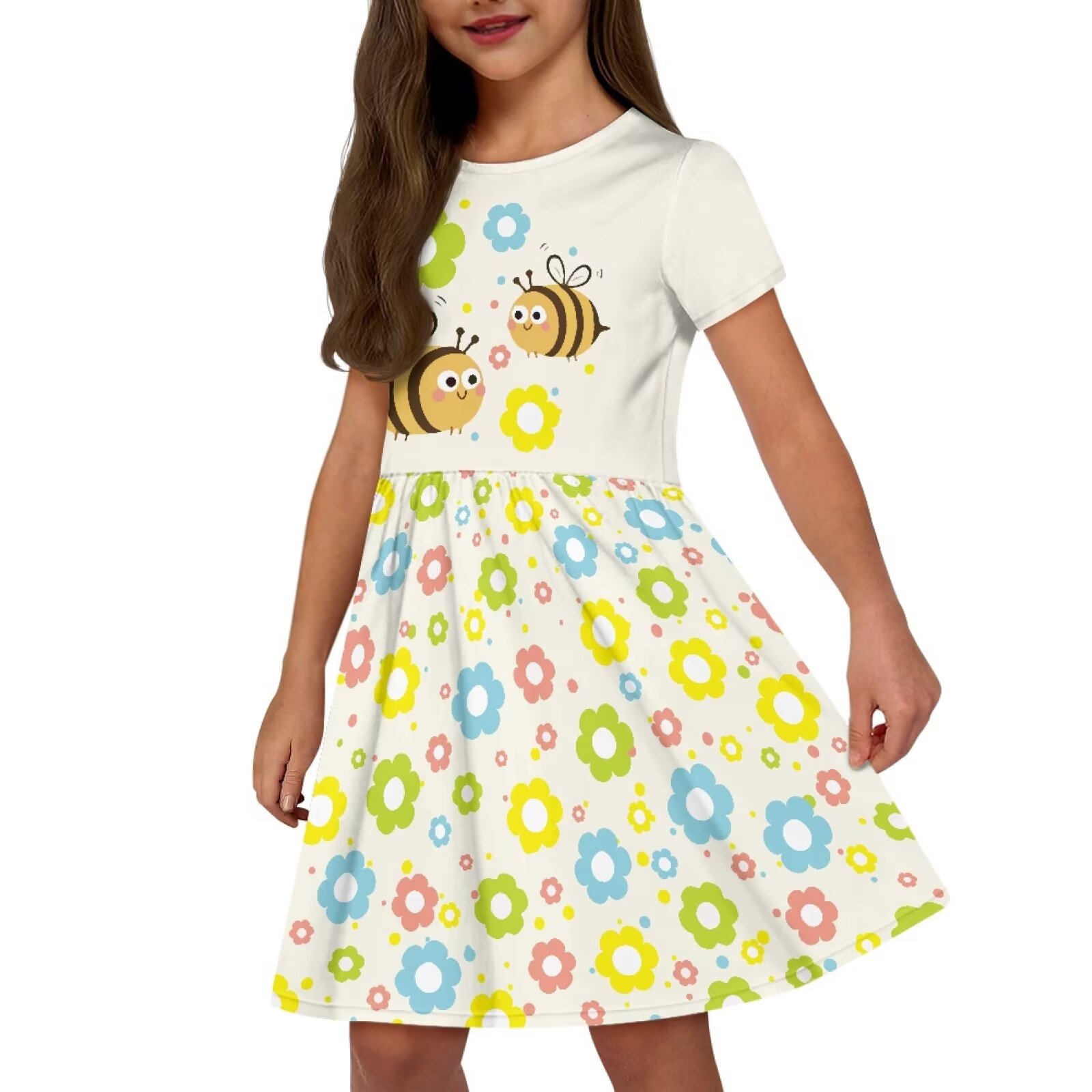 Uourmeti Bee Kids Dresses for Girls 2-14Y Summer Cute Short Sleeve Dress Flower Lightweight Soft Crew Neck Swing Dresses with Pockets Wedding Party Dress
