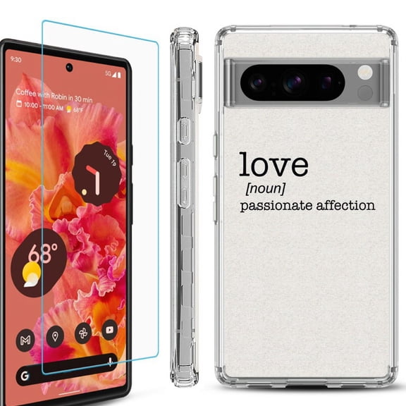 OneToughShield ® Compatible with Google Pixel 8 Pro, Shockproof Phone Case, with Tempered Glass Screen Protector - Dictionary/Love
