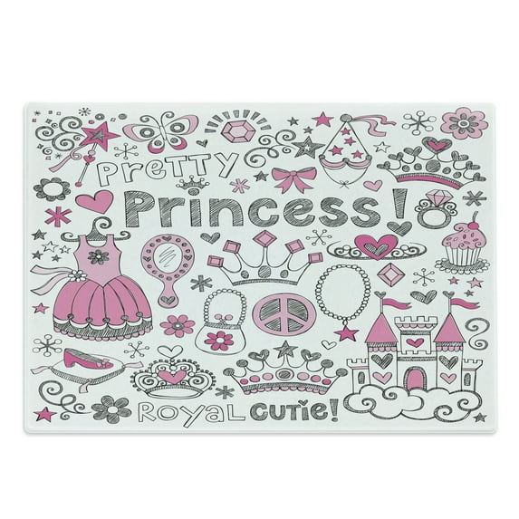 Cartoon Cutting Board, Tale Cartoon Tiara Crown Notebook Doodle Design Sketch Illustration, Decorative Tempered Glass Cutting and Serving Board, Large Size, Grey Pink White, by Ambesonne