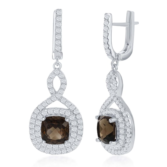 Sterling Silver High Polish Smoky Square Quarts Center w/ White Topaz Swirl and Border Earrings