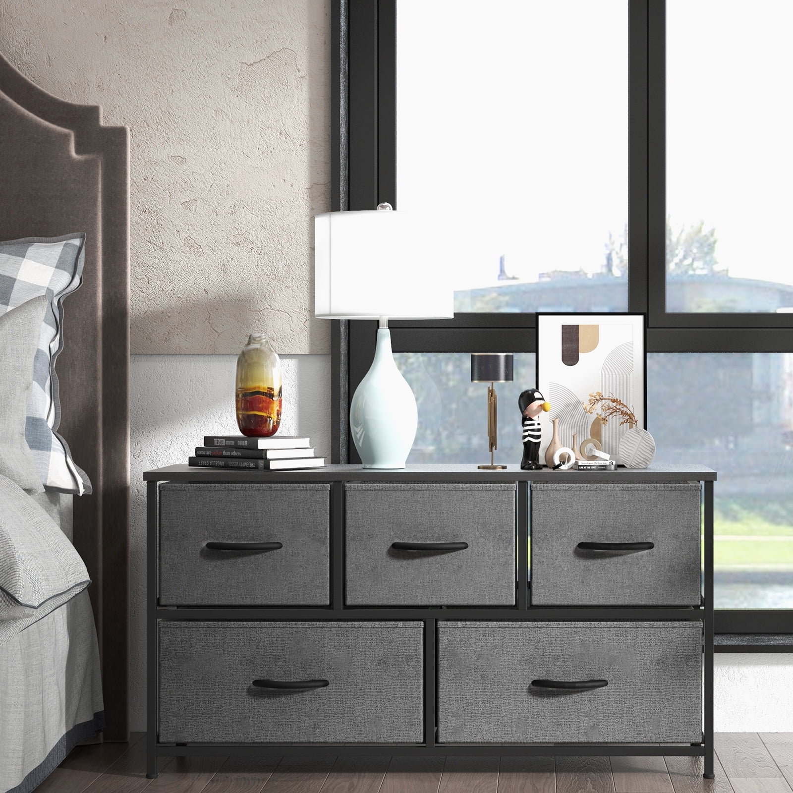 Aukfa 5 Drawer Dresser,Wide Chest of Drawers for Bedroom with Metal Frame for TV,Gray