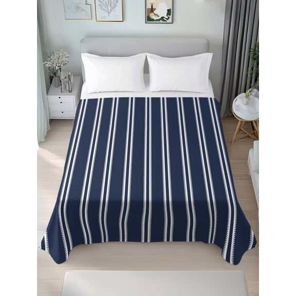 Queen Size Flat Sheet Only,Navy Blue Stripe Soft Top Bed Sheets Breathable Bedding Sheet Summer Nautical Style Microfiber Hotel Luxury Top Sheets