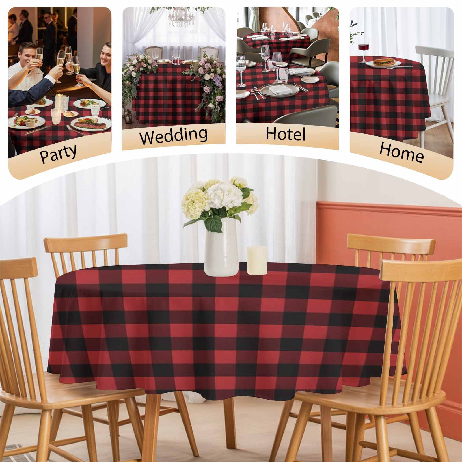 Round Tablecloth Rustic Red Black Buffalo Check Plaid Pattern Waterproof Oil Proof Polyester Table Cloth Cover Decor for Home Dining Outdoor,Patio,Parties, 60" Dia. Christmas